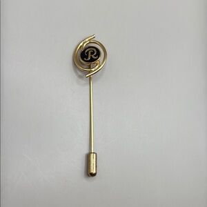 Vintage Gold Tone Black Pin with R Logo Lapel Stick Pin Brooch